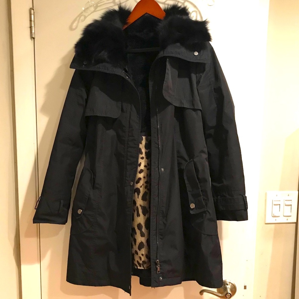 Dark Navy belted winter coat with fur lapel